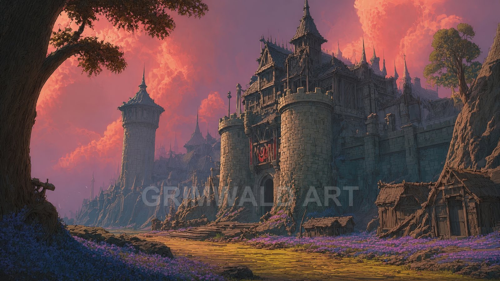 A stone-walled castle with round towers rises from rocky cliffs beneath glowing pink clouds, a dirt path and wooden huts among purple wildflowers.