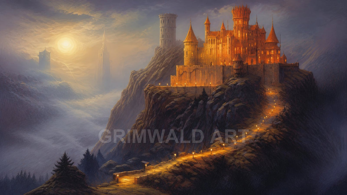 A golden-lit castle crowns a rugged mountain, a winding torchlit path ascending above a misty valley beneath a pale twilight sky.