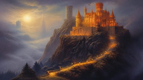 GRID THUMBNAIL — A golden-lit castle crowns a rugged mountain, a winding torchlit path ascending above a misty valley beneath a pale twilight sky.