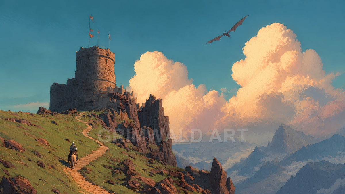 A round-towered castle crowns a rocky ridge as a lone rider approaches along a path, while a dragon glides past glowing clouds.