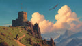 GRID THUMBNAIL — A round-towered castle crowns a rocky ridge as a lone rider approaches along a path, while a dragon glides past glowing clouds.