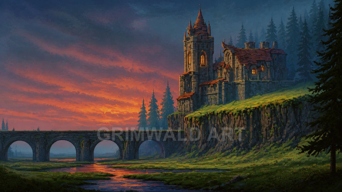 A medieval stone castle with warm lights crowns a cliff above a winding river and arched bridge, under dramatic orange sunset skies and dark pines.