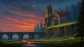GRID THUMBNAIL — A medieval stone castle with warm lights crowns a cliff above a winding river and arched bridge, under dramatic orange sunset skies and dark pines.