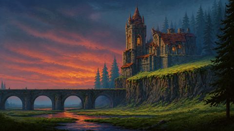 GRID THUMBNAIL — A medieval stone castle with warm lights crowns a cliff above a winding river and arched bridge, under dramatic orange sunset skies and dark pines.