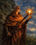 GRID THUMBNAIL — A bald robed wizard holding a glowing orb-topped staff on a rocky coastal cliff at dusk, warm light illuminating his weathered face and garments.