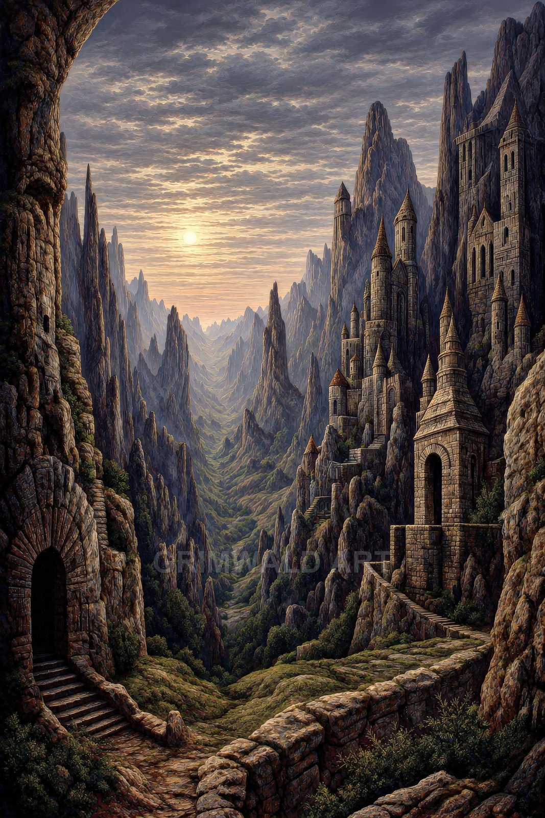 A vast fantasy mountain valley with stone castles and towers built into cliffs, winding paths, arched tunnels, and a soft golden sun under layered clouds.
