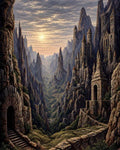 GRID THUMBNAIL — A vast fantasy mountain valley with stone castles and towers built into cliffs, winding paths, arched tunnels, and a soft golden sun under layered clouds.