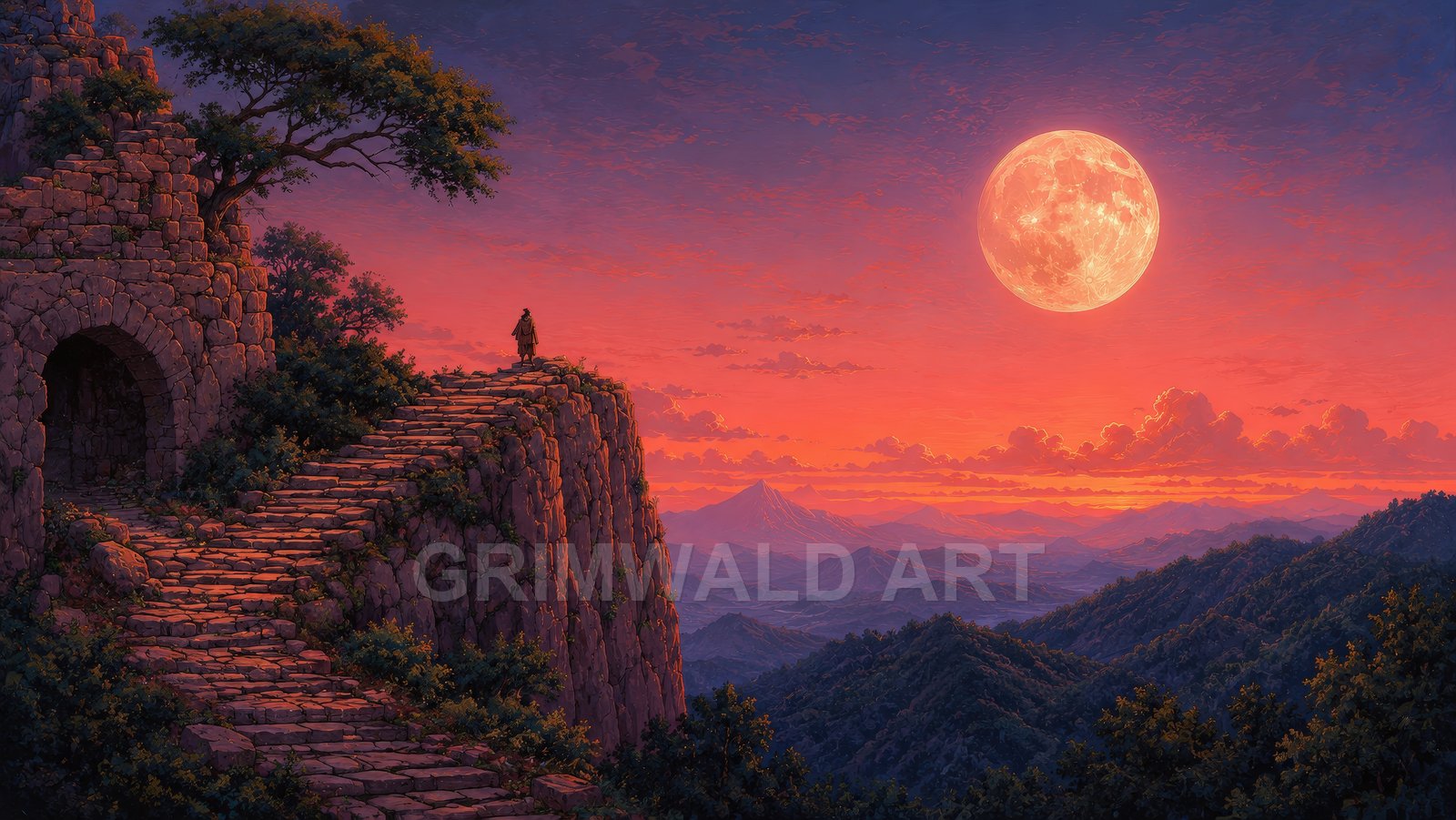 Stone steps wind up a cliff by ancient ruins as a huge full moon glows over layered mountains at fiery sunset, with a lone traveller on the path.