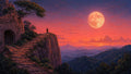 GRID THUMBNAIL — Stone steps wind up a cliff by ancient ruins as a huge full moon glows over layered mountains at fiery sunset, with a lone traveller on the path.