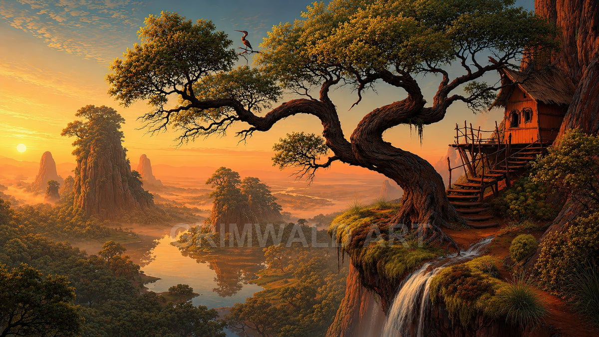 Sunset fantasy landscape with a cliffside treehouse, gnarled overhanging tree, thin waterfall, winding reflective river, forested rock spires, and distant sunlit haze.