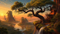GRID THUMBNAIL — Sunset fantasy landscape with a cliffside treehouse, gnarled overhanging tree, thin waterfall, winding reflective river, forested rock spires, and distant sunlit haze.