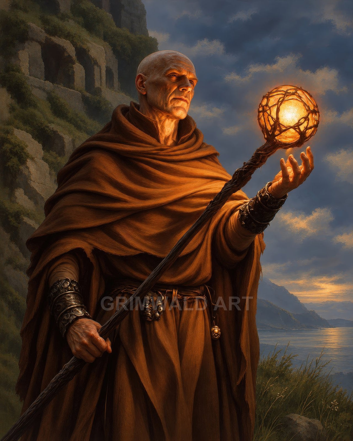 An elderly bald human wizard in brown robes holds a glowing orb and staff before cliffside ruins overlooking a tranquil sea at sunset.