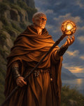 GRID THUMBNAIL — An elderly bald human wizard in brown robes holds a glowing orb and staff before cliffside ruins overlooking a tranquil sea at sunset.