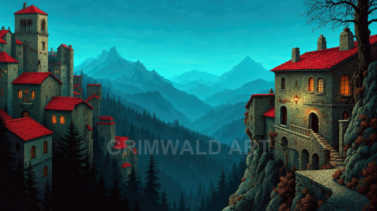Stone village with red-tiled roofs clings to a rocky cliff above pine forests and layered blue mountains beneath a teal twilight sky.