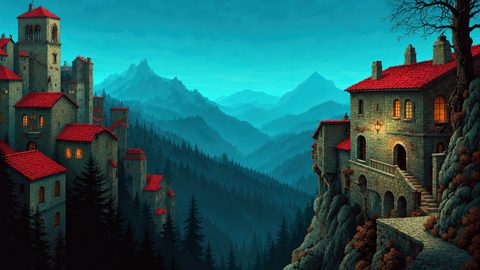 GRID THUMBNAIL — Stone village with red-tiled roofs clings to a rocky cliff above pine forests and layered blue mountains beneath a teal twilight sky.