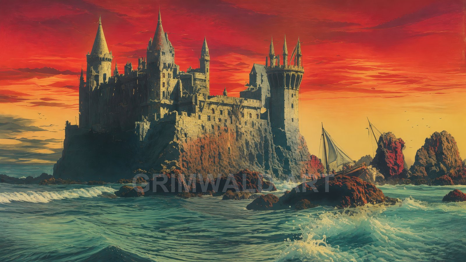 A vast stone castle crowns rocky sea cliffs beneath a fiery sunset sky, waves foaming below and small sailboats threading between offshore rocks.