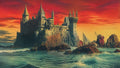 GRID THUMBNAIL — A vast stone castle crowns rocky sea cliffs beneath a fiery sunset sky, waves foaming below and small sailboats threading between offshore rocks.