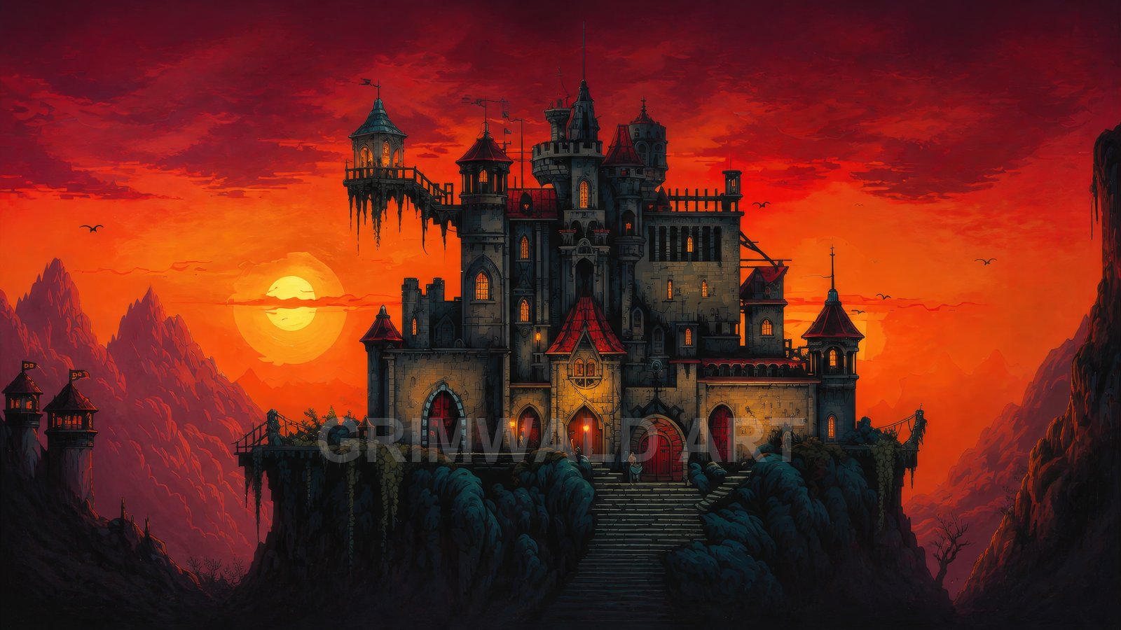 Gothic stone castle perched on a cliff, glowing windows and red doors, against a blazing orange sunset with mountain silhouettes, bridges, and a floating turret.