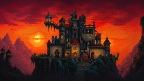 GRID THUMBNAIL — Gothic stone castle perched on a cliff, glowing windows and red doors, against a blazing orange sunset with mountain silhouettes, bridges, and a floating turret.