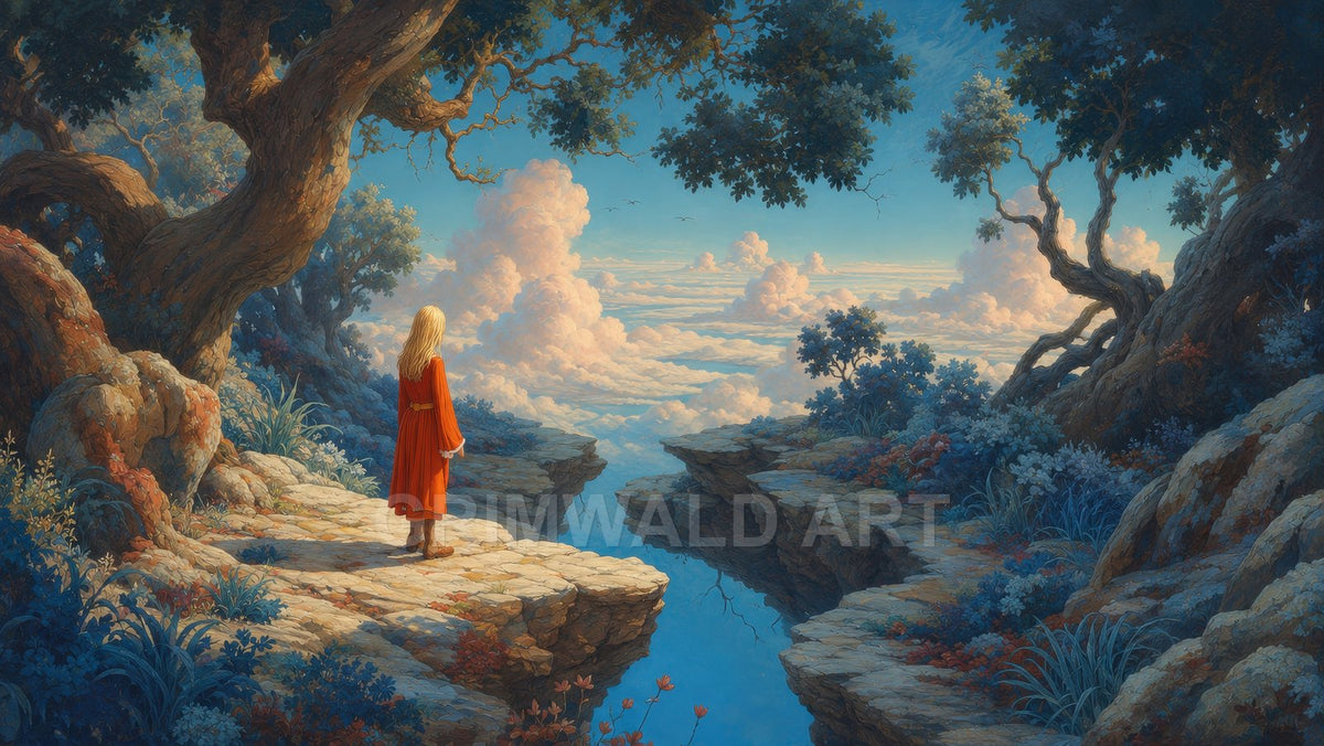 A lone figure in a red cloak stands on a rocky clifftop path, overlooking a luminous sea of clouds beneath twisted trees at golden hour.