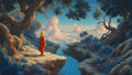 GRID THUMBNAIL — A lone figure in a red cloak stands on a rocky clifftop path, overlooking a luminous sea of clouds beneath twisted trees at golden hour.