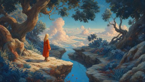 GRID THUMBNAIL — A lone figure in a red cloak stands on a rocky clifftop path, overlooking a luminous sea of clouds beneath twisted trees at golden hour.