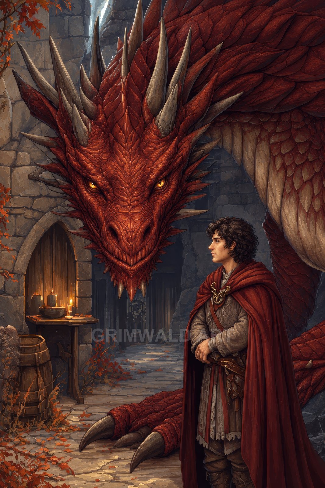 A young male adventurer in a red cloak stands before a towering red dragon in a candlelit stone castle corridor strewn with autumn leaves.