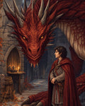 GRID THUMBNAIL — A young male adventurer in a red cloak stands before a towering red dragon in a candlelit stone castle corridor strewn with autumn leaves.