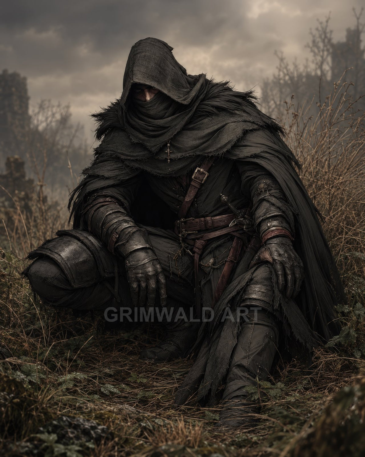 Hooded rogue crouching in tattered dark cloak and leather armour amid overgrown grass, with a dagger and distant ruins under brooding twilight skies.