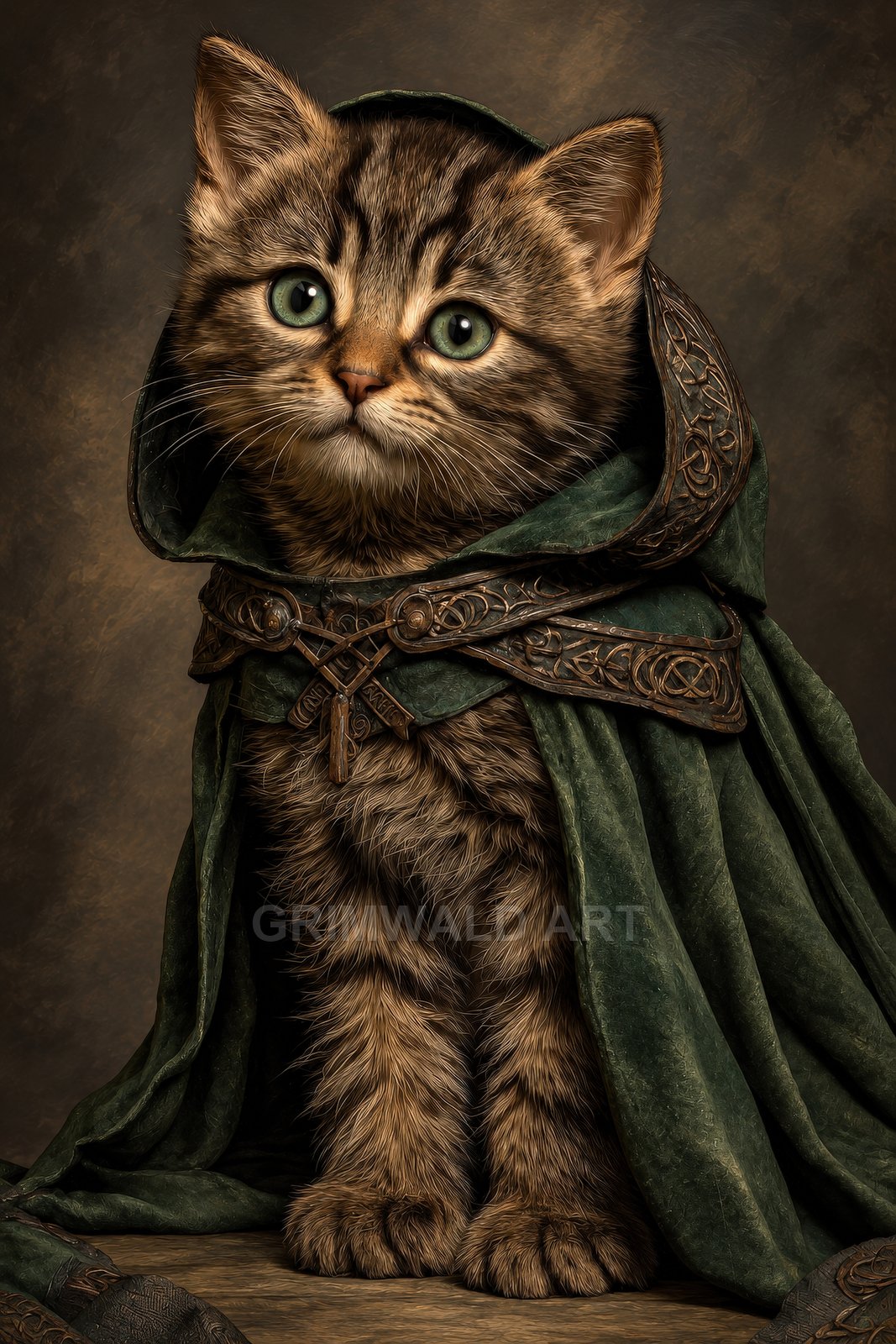 A wide-eyed tabby kitten sits wearing a green hooded cloak with ornate Celtic clasps, against a warm studio backdrop, fantasy character portrait.