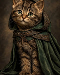 GRID THUMBNAIL — A wide-eyed tabby kitten sits wearing a green hooded cloak with ornate Celtic clasps, against a warm studio backdrop, fantasy character portrait.