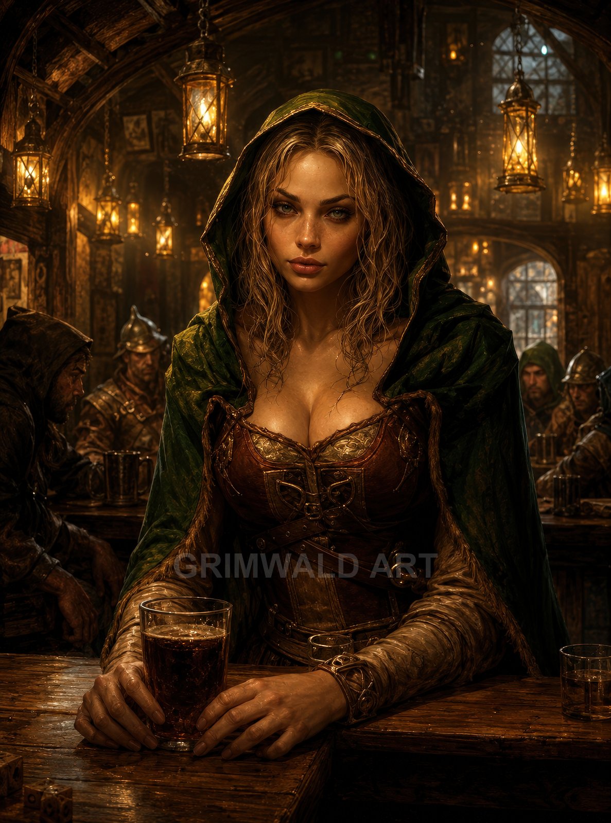 A hooded female adventurer in leather armour holding a pint at a candlelit medieval tavern bar, surrounded by rugged patrons and hanging lanterns.