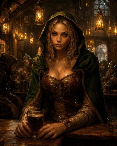 GRID THUMBNAIL — A hooded female adventurer in leather armour holding a pint at a candlelit medieval tavern bar, surrounded by rugged patrons and hanging lanterns.