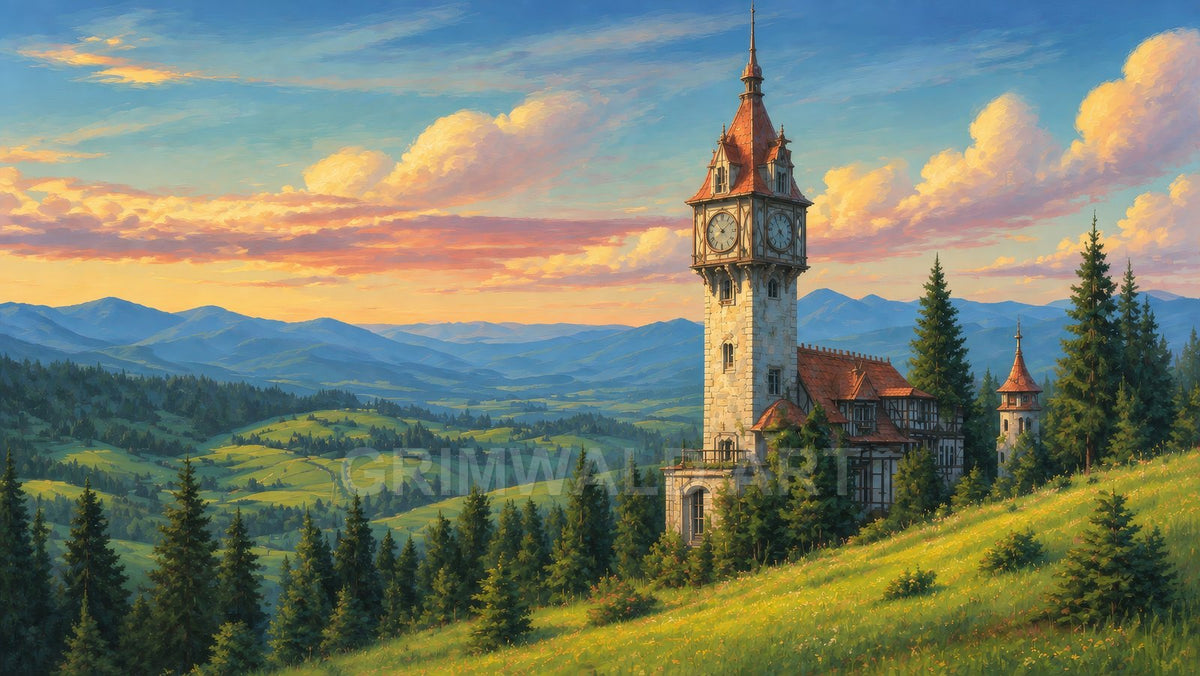 Stone clock tower with red-tiled roofs overlooks pine-dotted hills and distant blue mountains beneath a golden sunset sky streaked with soft clouds.
