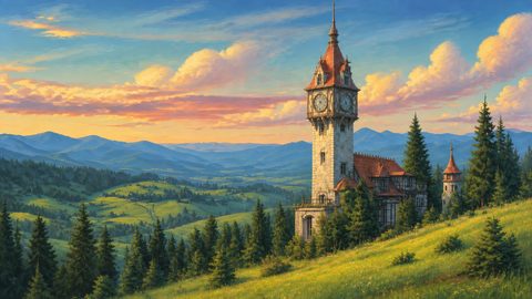 GRID THUMBNAIL — Stone clock tower with red-tiled roofs overlooks pine-dotted hills and distant blue mountains beneath a golden sunset sky streaked with soft clouds.