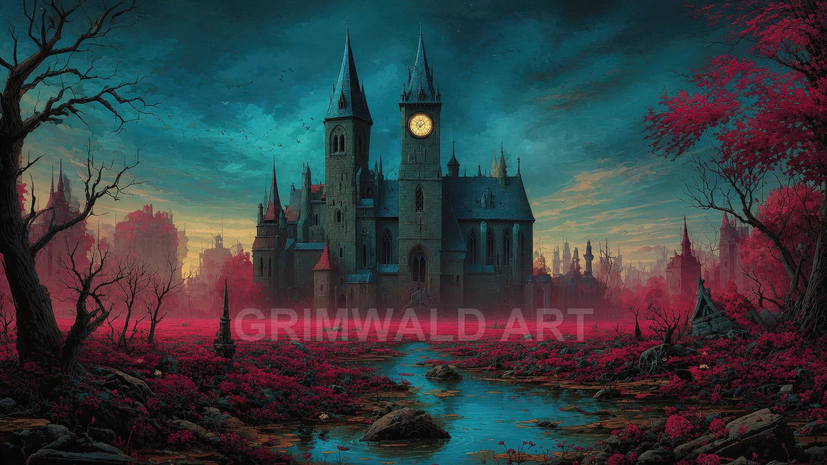 Gothic castle with glowing clock tower beyond a crimson marsh and winding stream, under teal twilight clouds with bare trees and circling birds.