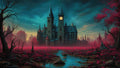 GRID THUMBNAIL — Gothic castle with glowing clock tower beyond a crimson marsh and winding stream, under teal twilight clouds with bare trees and circling birds.