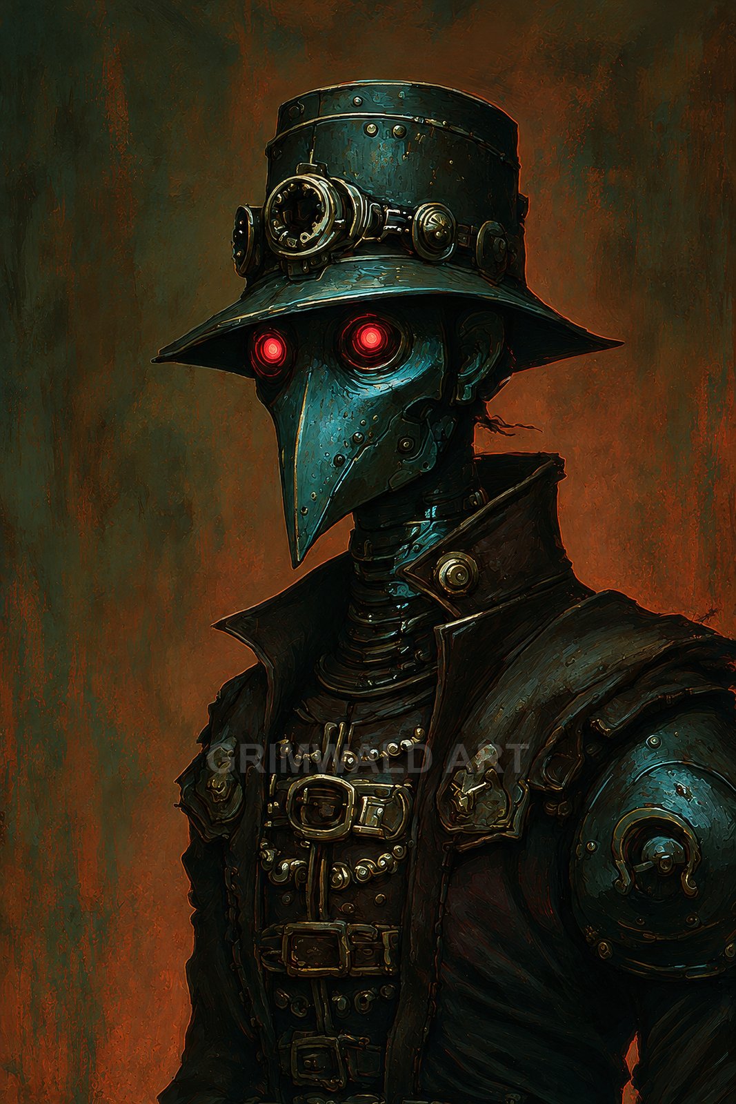 Steampunk plague doctor wearing a metal beaked mask, brass goggles and buckled leather armour, glowing red eyes, against a textured smoky brown‑green background.