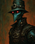 GRID THUMBNAIL — Steampunk plague doctor wearing a metal beaked mask, brass goggles and buckled leather armour, glowing red eyes, against a textured smoky brown‑green background.