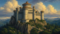 GRID THUMBNAIL — Grand stone castle with round towers and red-tiled roofs perched on a rocky mountain crag, overlooking pine forests and distant ranges beneath billowing sunlit clouds.