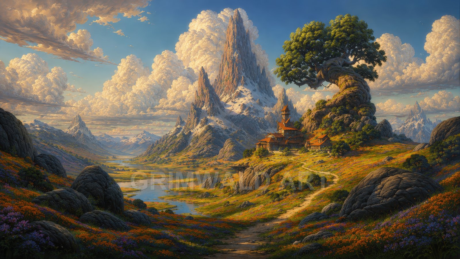 Cloudspire Vale – Retro Fantasy Landscape Art
