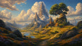 GRID THUMBNAIL — Retro fantasy landscape with jagged cloud-piercing mountains, river valley, wildflower meadows, path, a timber-roofed hilltop lodge beside a colossal twisting tree under billowing clouds.