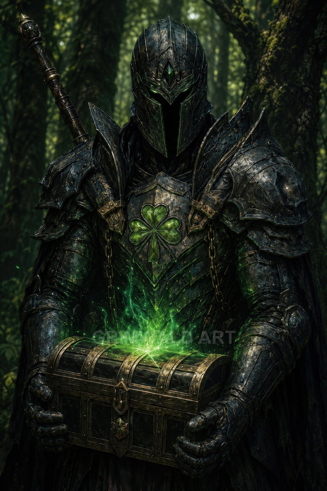 Armoured knight in dark plate with clover emblem holds a glowing green treasure chest in a dense forest, sword hilt visible.