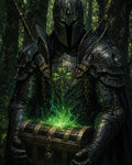 GRID THUMBNAIL — Armoured knight in dark plate with clover emblem holds a glowing green treasure chest in a dense forest, sword hilt visible.