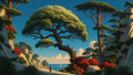 GRID THUMBNAIL — Sunlit coastal valley with a grand twisted pine arching above a path, red shrubs, cliffs, and distant sailboats beneath a clear blue sky.