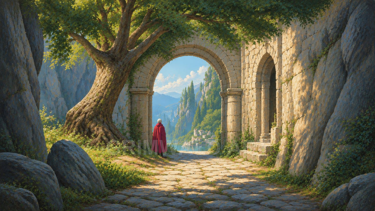 Sunlit stone archway entwined with an old tree frames a tranquil mountain lake and distant village, a lone red-cloaked figure standing on cobbles.