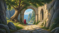 GRID THUMBNAIL — Sunlit stone archway entwined with an old tree frames a tranquil mountain lake and distant village, a lone red-cloaked figure standing on cobbles.