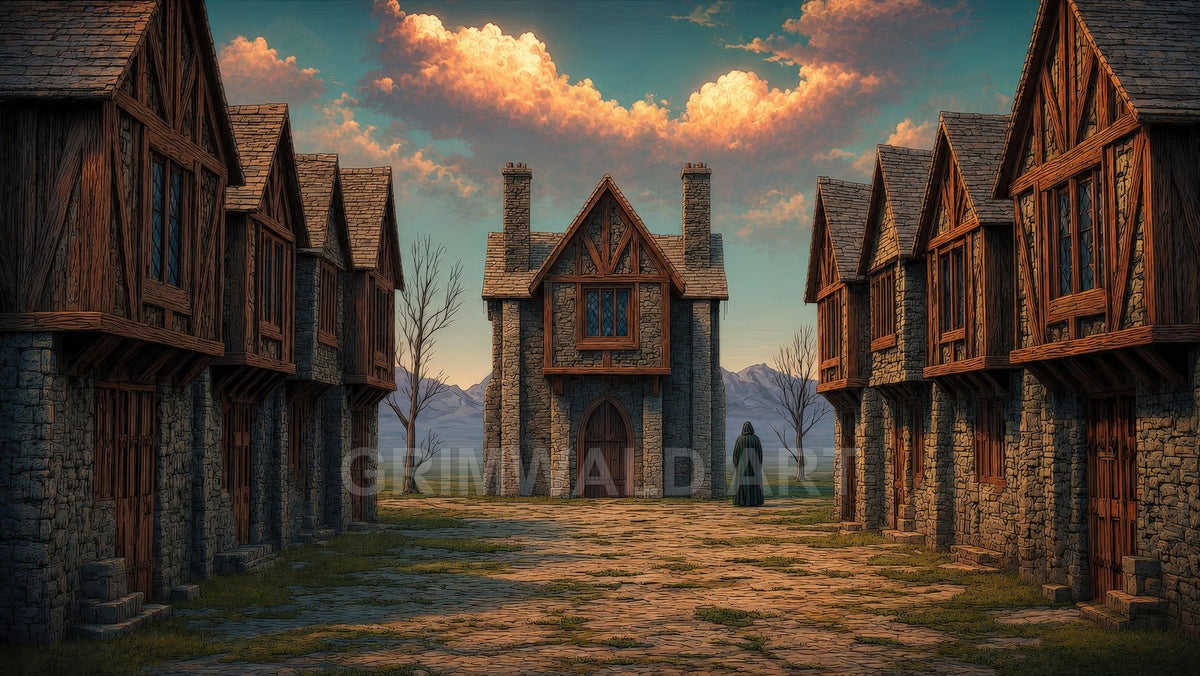 Medieval stone-and-timber houses line a cobbled lane leading to a central guildhall, with mountains and warm evening clouds beyond, and a lone cloaked figure.