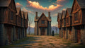 GRID THUMBNAIL — Medieval stone-and-timber houses line a cobbled lane leading to a central guildhall, with mountains and warm evening clouds beyond, and a lone cloaked figure.