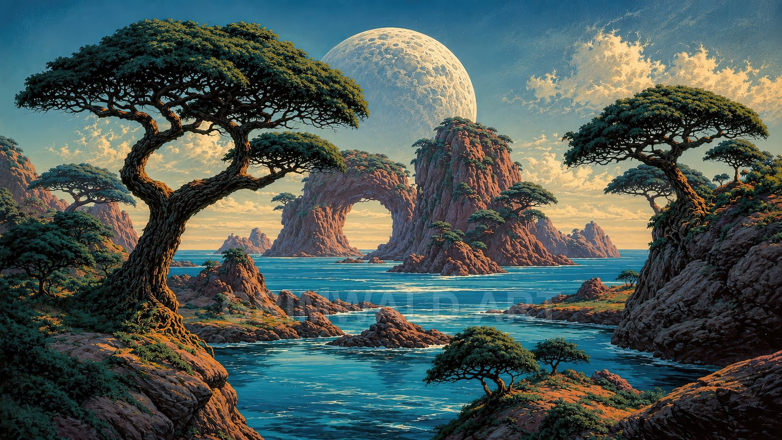 Retro fantasy seascape with rocky islands and a natural stone arch, windswept trees, shimmering blue water, and a colossal cratered moon under golden light.